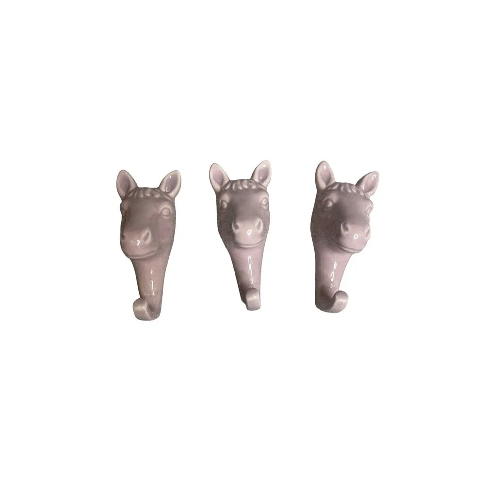 Set Of Three Horse Head Pink Wall Hooks